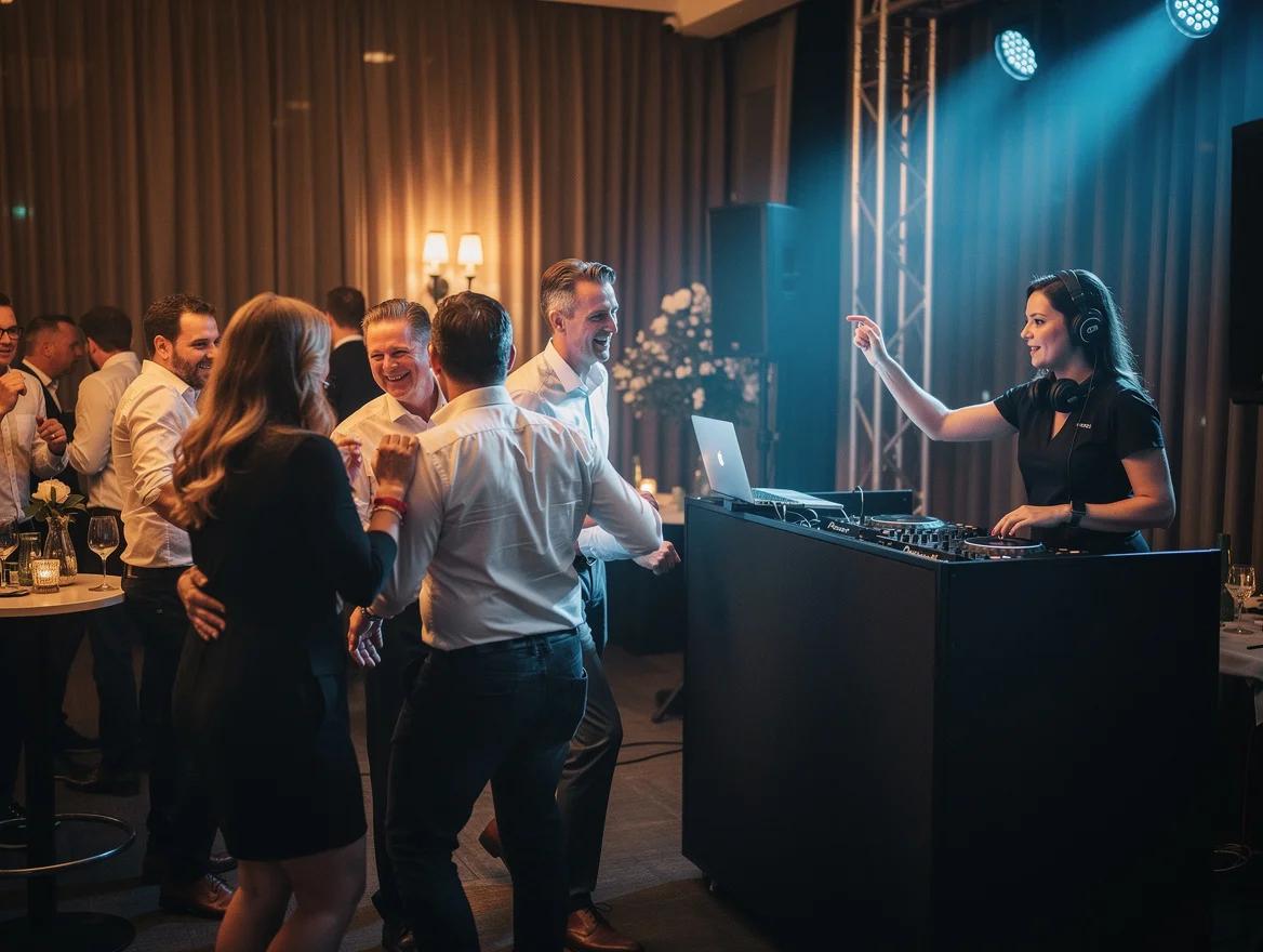 Collega's dansen uitgelaten op een bedrijfsfeest terwijl de DJ achter de booth de sfeer opzweept in warm en blauw licht.