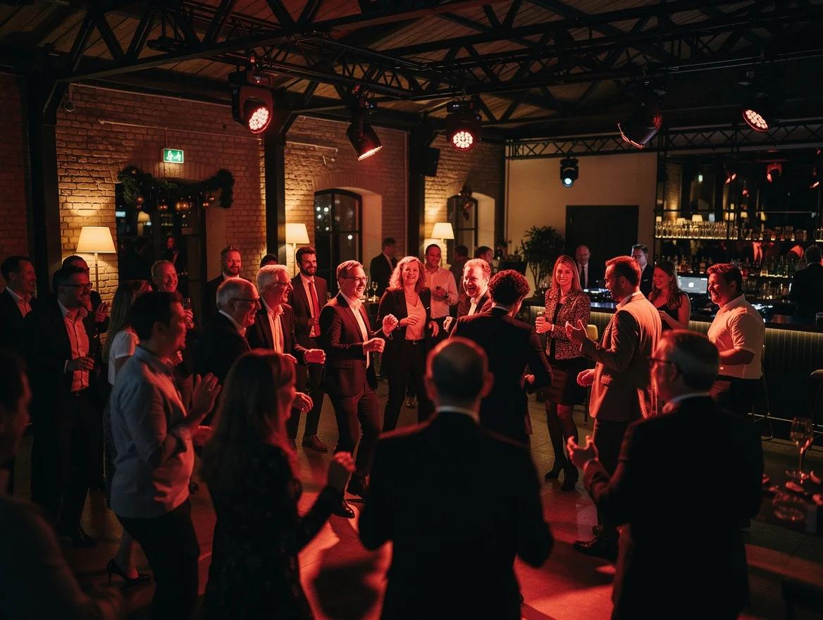 Collega's dansen uitbundig op een bedrijfsfeest waar een ervaren bedrijfsfeest DJ de sfeer perfect aanvoelt.