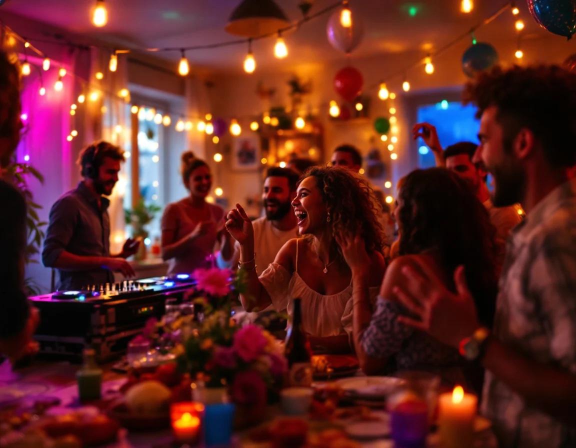 Lively birthday party with DJ performing for guests dancing and celebrating under colorful string lights and neon decorations.