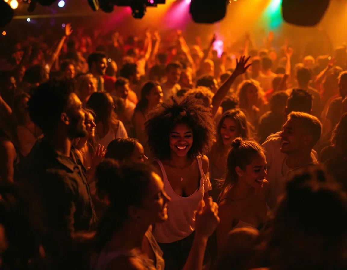 Volle dansvloer met studenten tijdens een campusfeest met een DJ achter de draaitafel