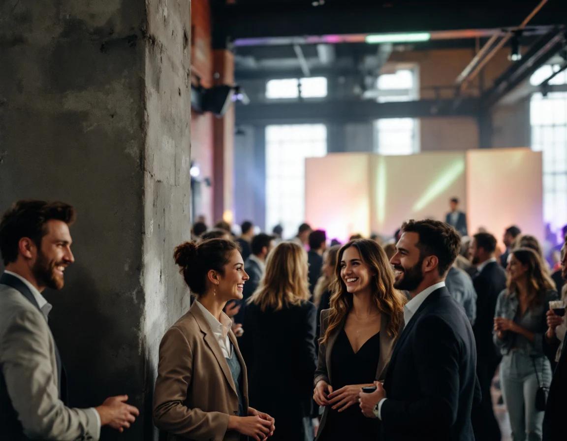 Business professionals mingling relaxed at a corporate event in an old factory venue where professional DJs perform