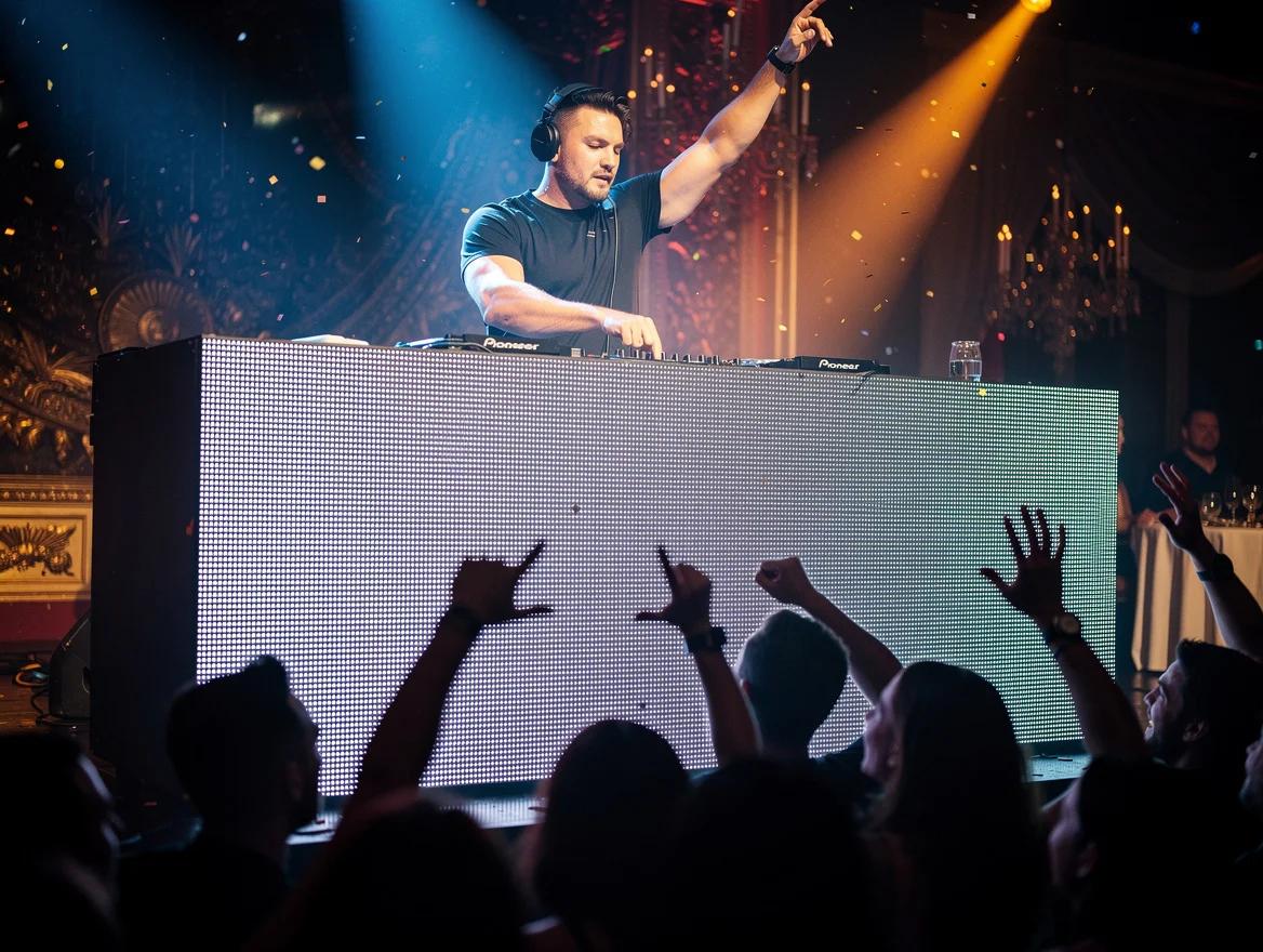 DJ with an illuminated setup playing during the countdown to midnight on New Year's Eve