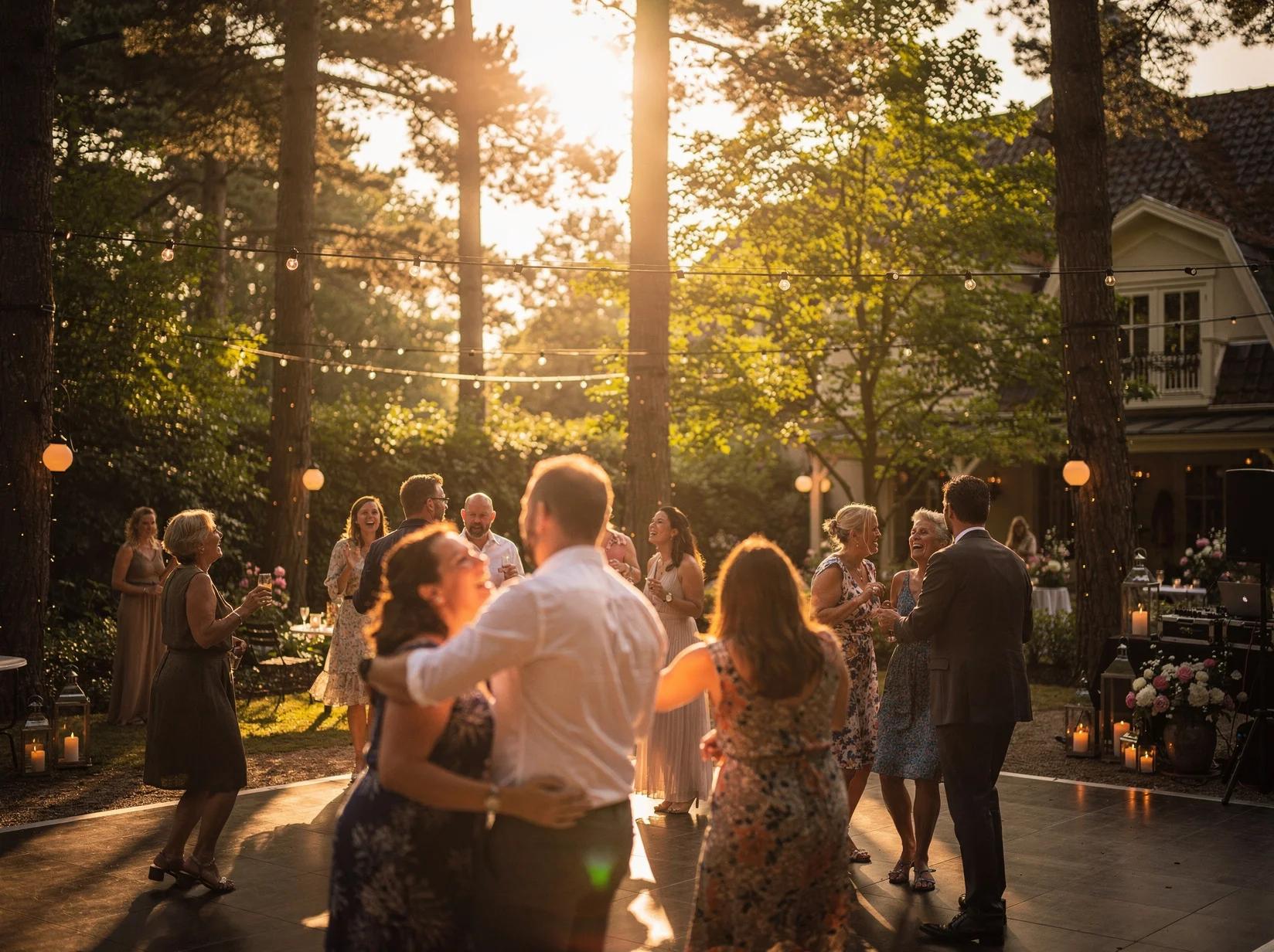 Dansende gasten op een buitenfeest bij een landgoed in de Veluwe waar je een DJ kunt huren in Apeldoorn