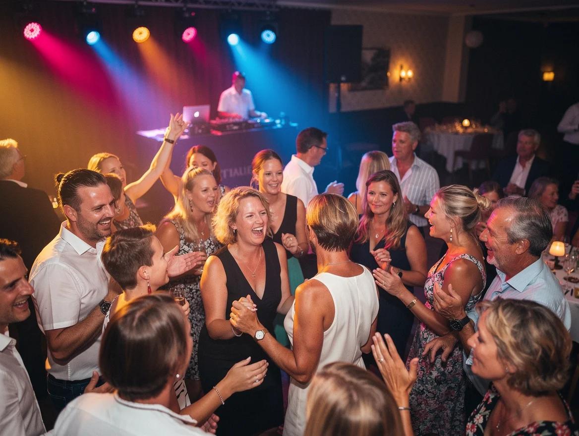 Gasten dansen uitgelaten op een feest met een DJ in Breda.