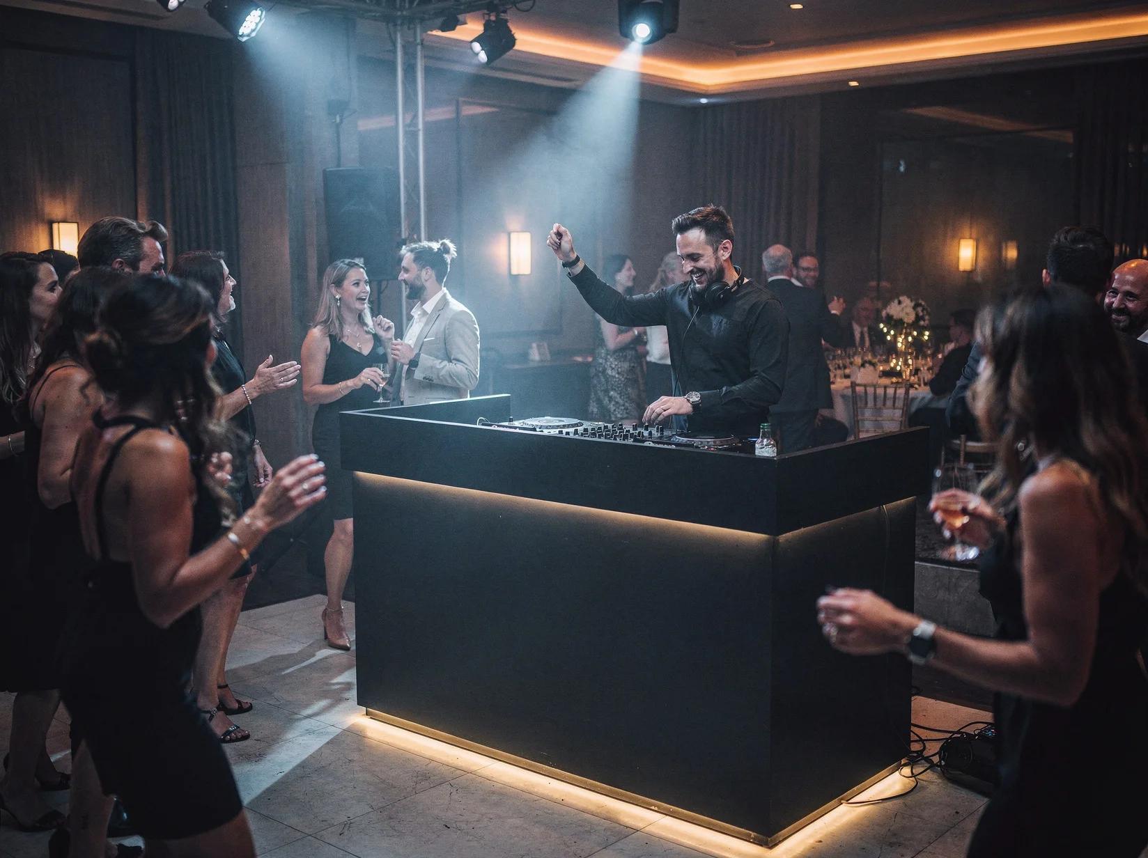 Internationaal publiek dat danst terwijl je een DJ kunt huren in Brussel voor een representatief bedrijfsfeest