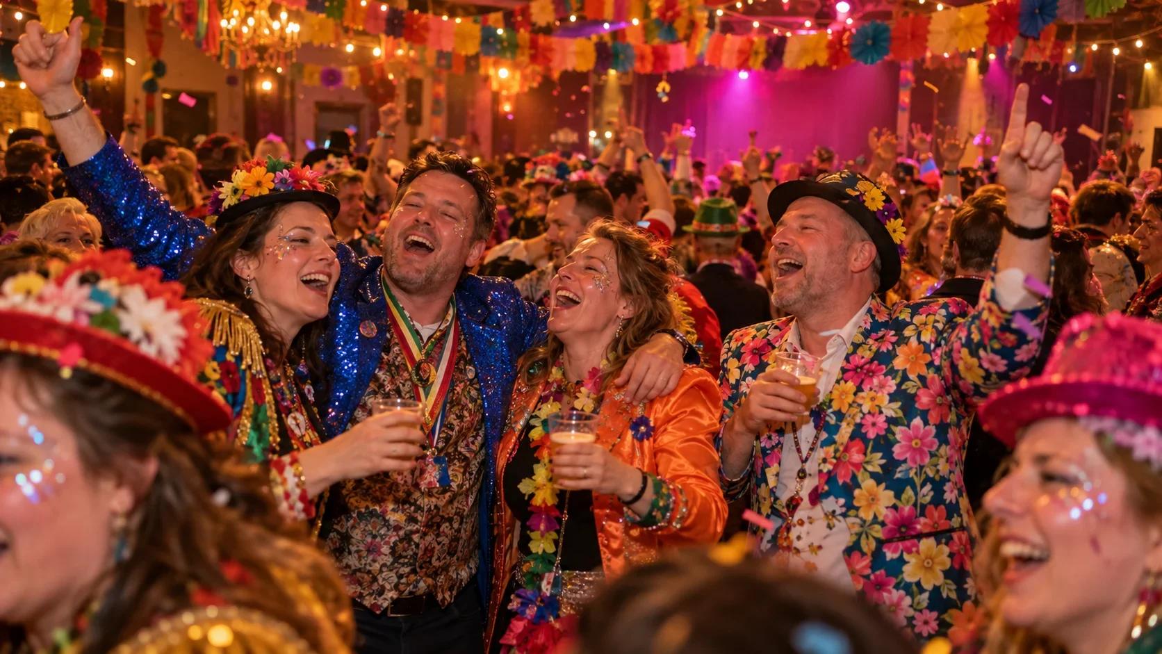 Volle carnavalszaal met hossende mensen in kleurige pakken