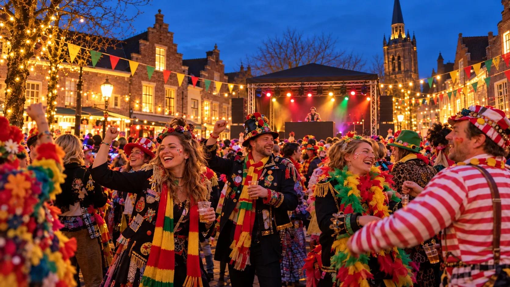 Mensen in kleurrijke carnavalskostuums dansen op een plein voor een dj op podium met lichtjes en slingers.