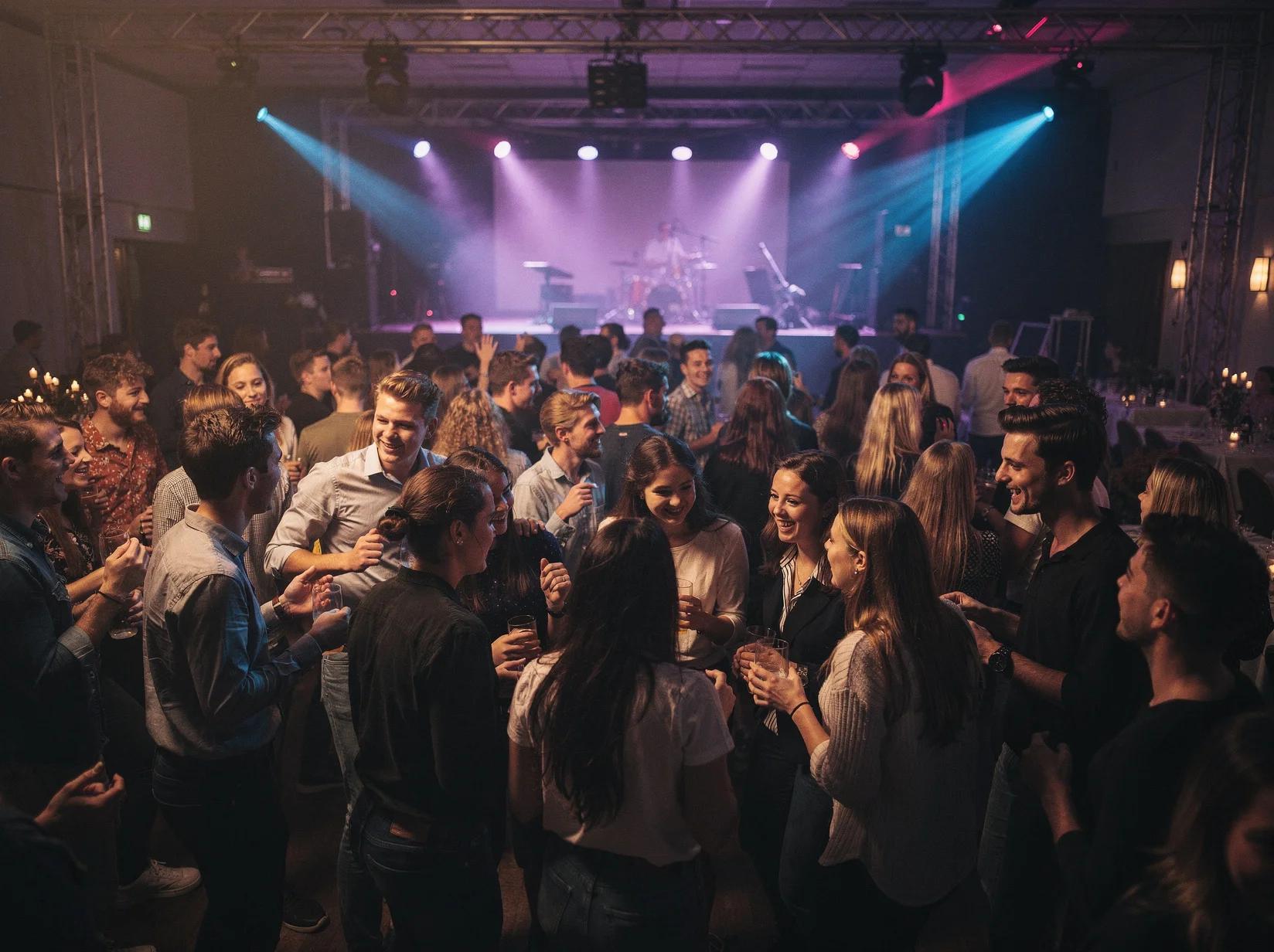Druk studentenfeest met dansende jongeren waar je een DJ kunt huren in Enschede