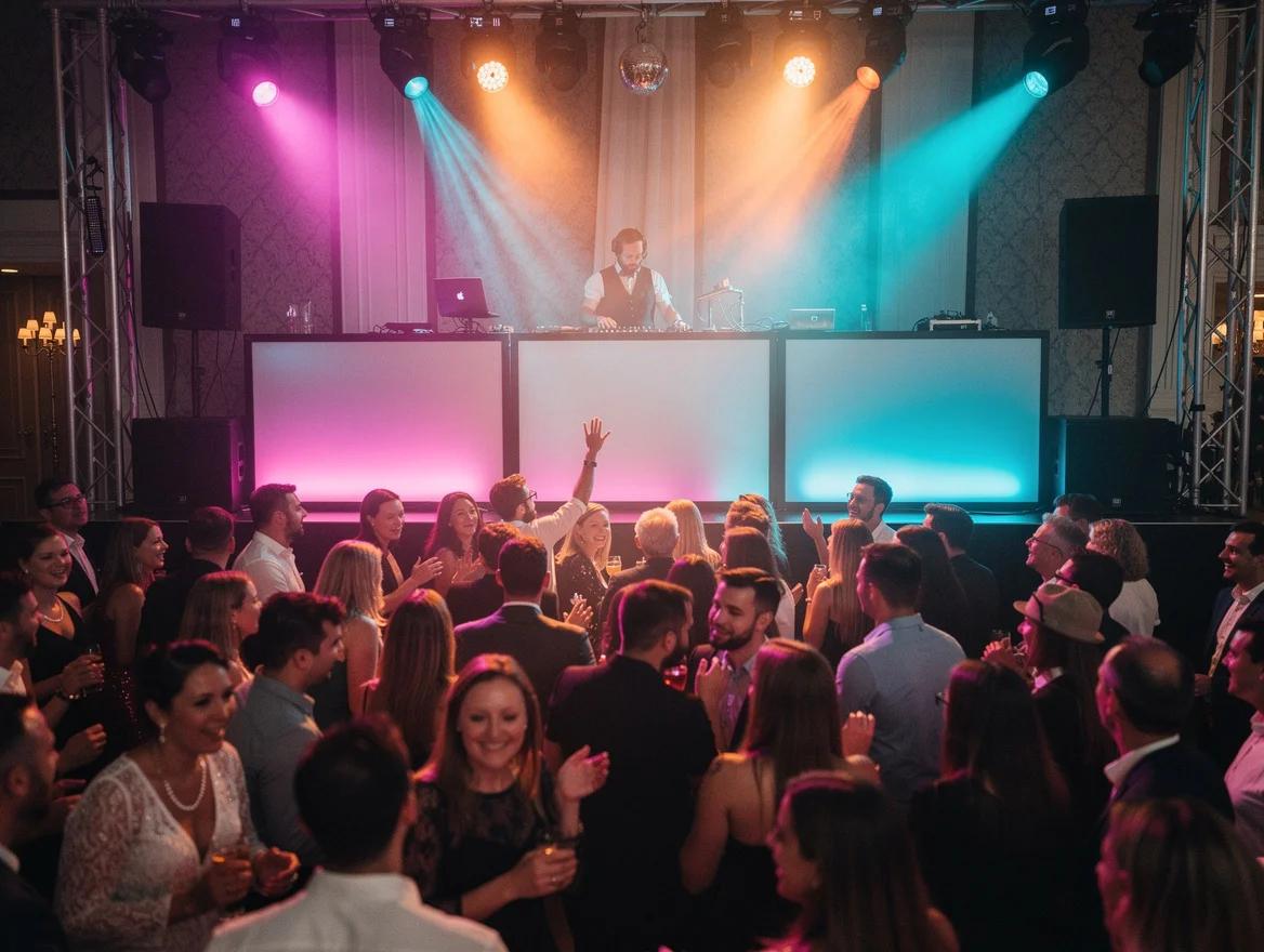 Volle dansvloer op een feest met een DJ achter de draaitafel en gekleurde lichtshow