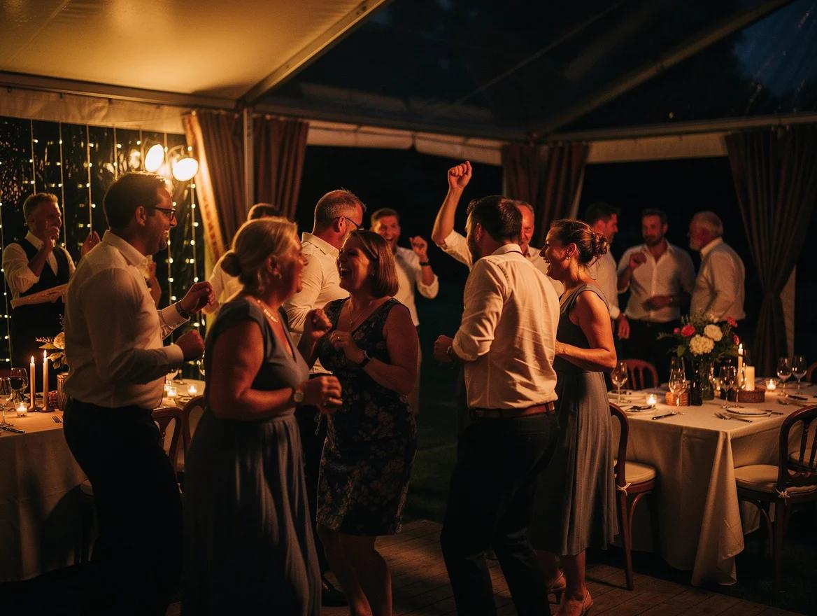 Gezellige dansende gasten op een verjaardagsfeest onder een marquee, ideaal om een DJ te huren voor je feest.