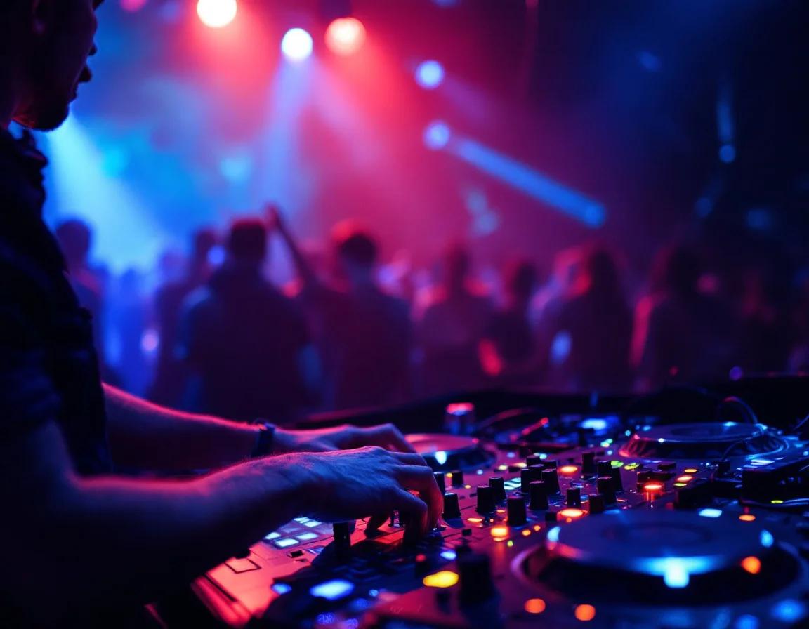 Professional DJ controller with illuminated buttons and faders at a vibrant nightclub event with dancing crowd and stage lighting.