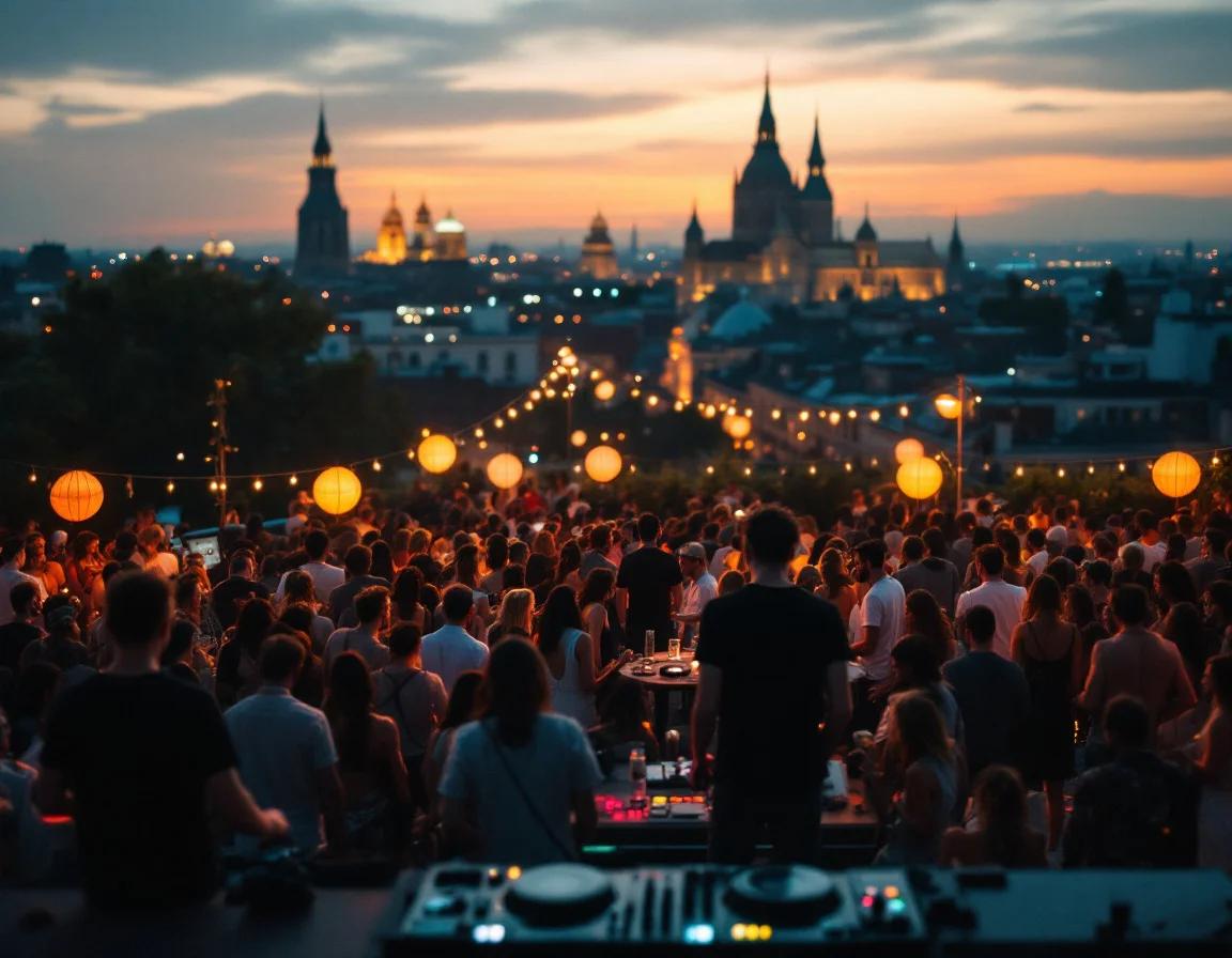 DJ performing for a large crowd at an outdoor rooftop party with illuminated decorations and a historic European city skyline at sunset.