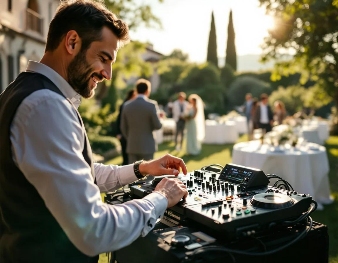 Professional DJ mixing music at an elegant outdoor wedding celebration with guests and cypress trees in the background.