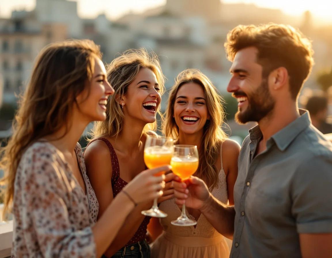 Group of young adults enjoying drinks and laughing together at a sunset rooftop gathering in a European city setting.