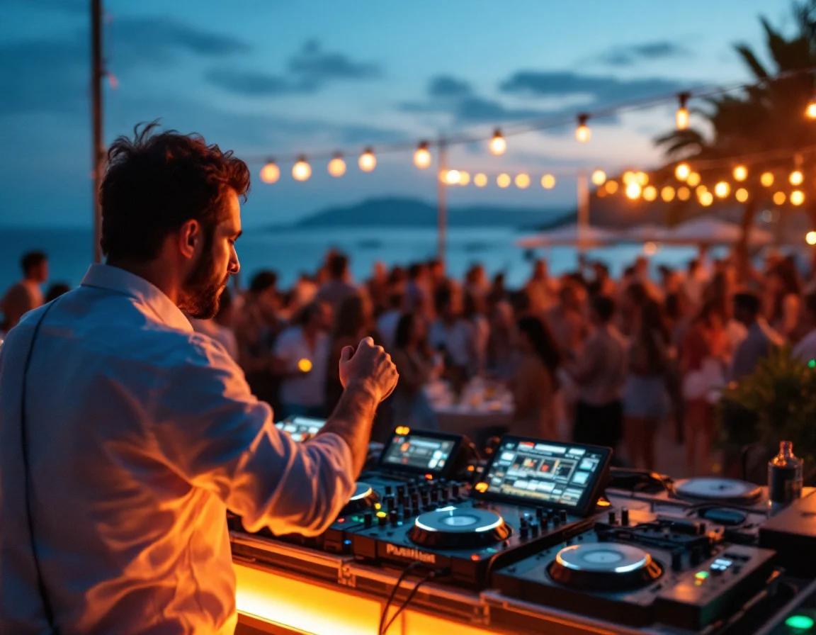 Professional DJ performing at a beachfront event at sunset with live crowd and ocean views, string lights overhead.