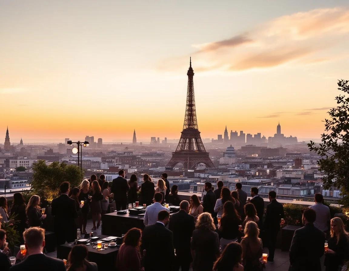 Elegant outdoor event in Paris with guests celebrating at sunset overlooking the Eiffel Tower and city skyline, perfect for upscale party entertainment.