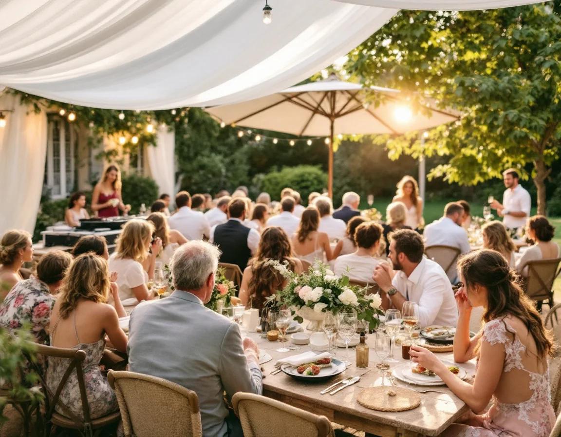 Guests enjoying a sophisticated outdoor celebration under white drapes with string lights, DJ booth visible in the background at a garden venue in France.