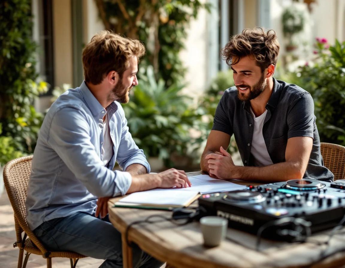 Two music professionals discuss DJ booking and event planning at an outdoor studio workspace with DJ equipment visible.