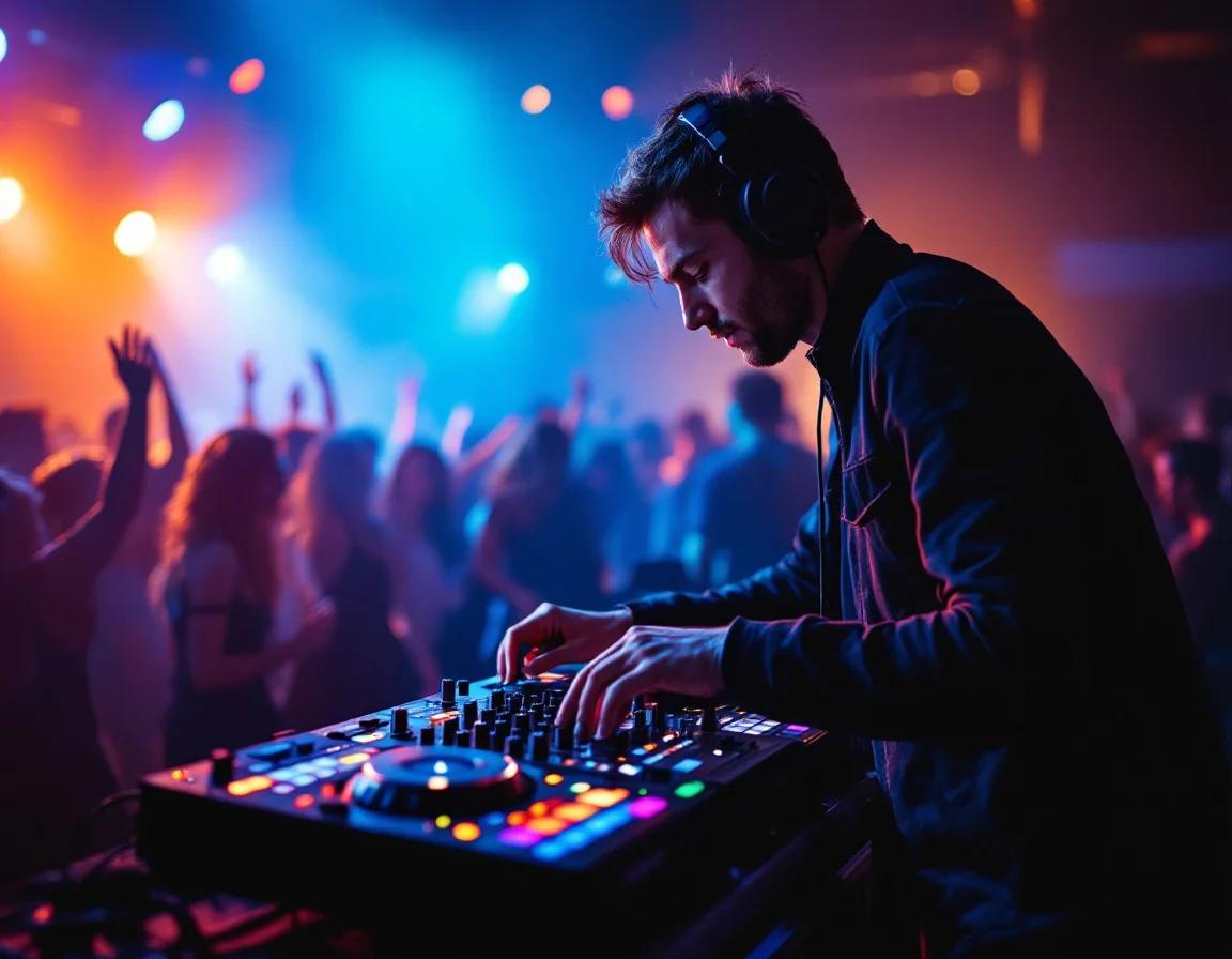 Experienced DJ mixing music on professional equipment while entertaining a crowd of dancing party guests with colorful stage lighting.