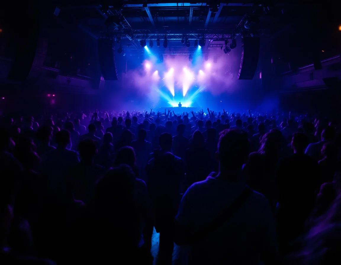 Crowded dance floor at a German nightclub with dynamic blue and purple stage lighting illuminating an energetic crowd of party guests.