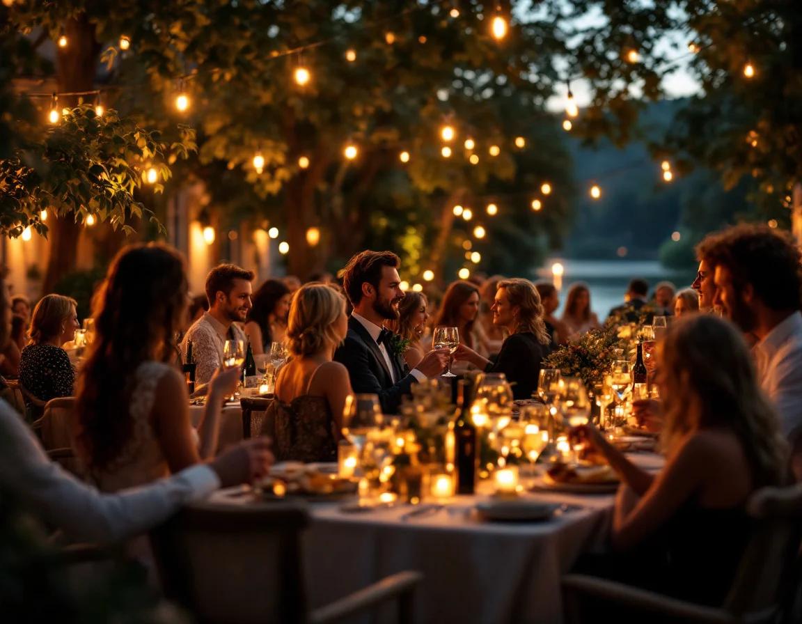 Guests enjoy fine dining at an enchanting outdoor celebration under golden string lights and tree canopy, perfect for German event planning.