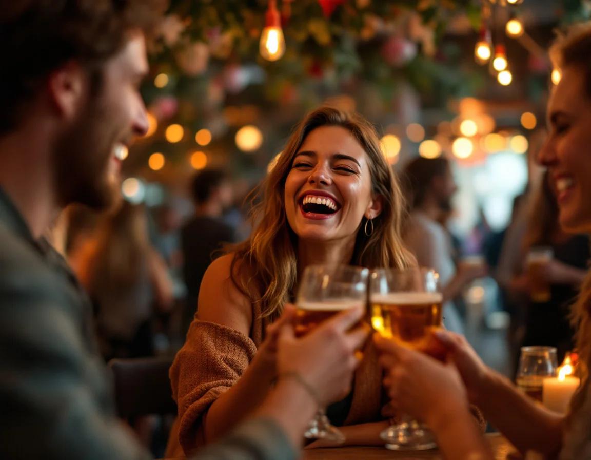 Group of people laughing and celebrating at an outdoor party with string lights and festive decorations, holding drinks and enjoying the evening atmosphere.