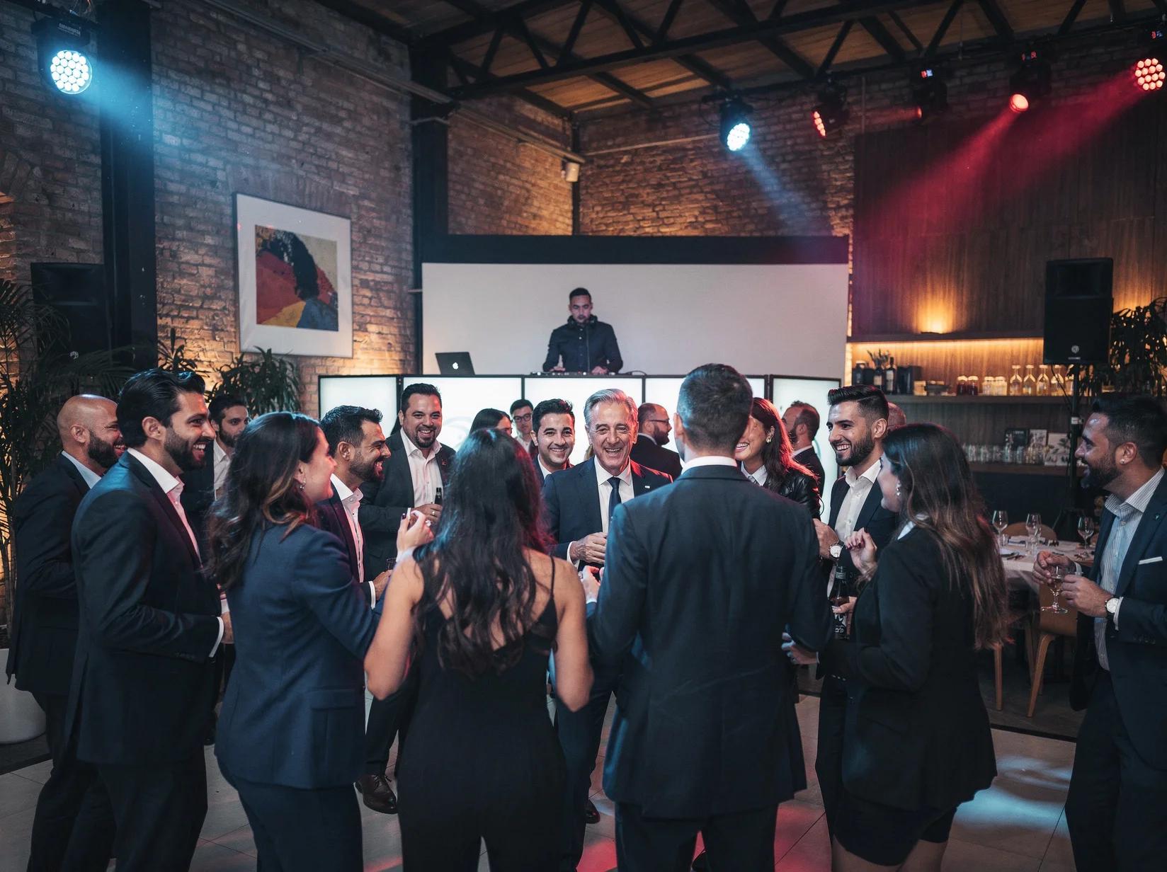 Milan corporate guests dancing under coloured lights at an event booked through an Italian DJ platform