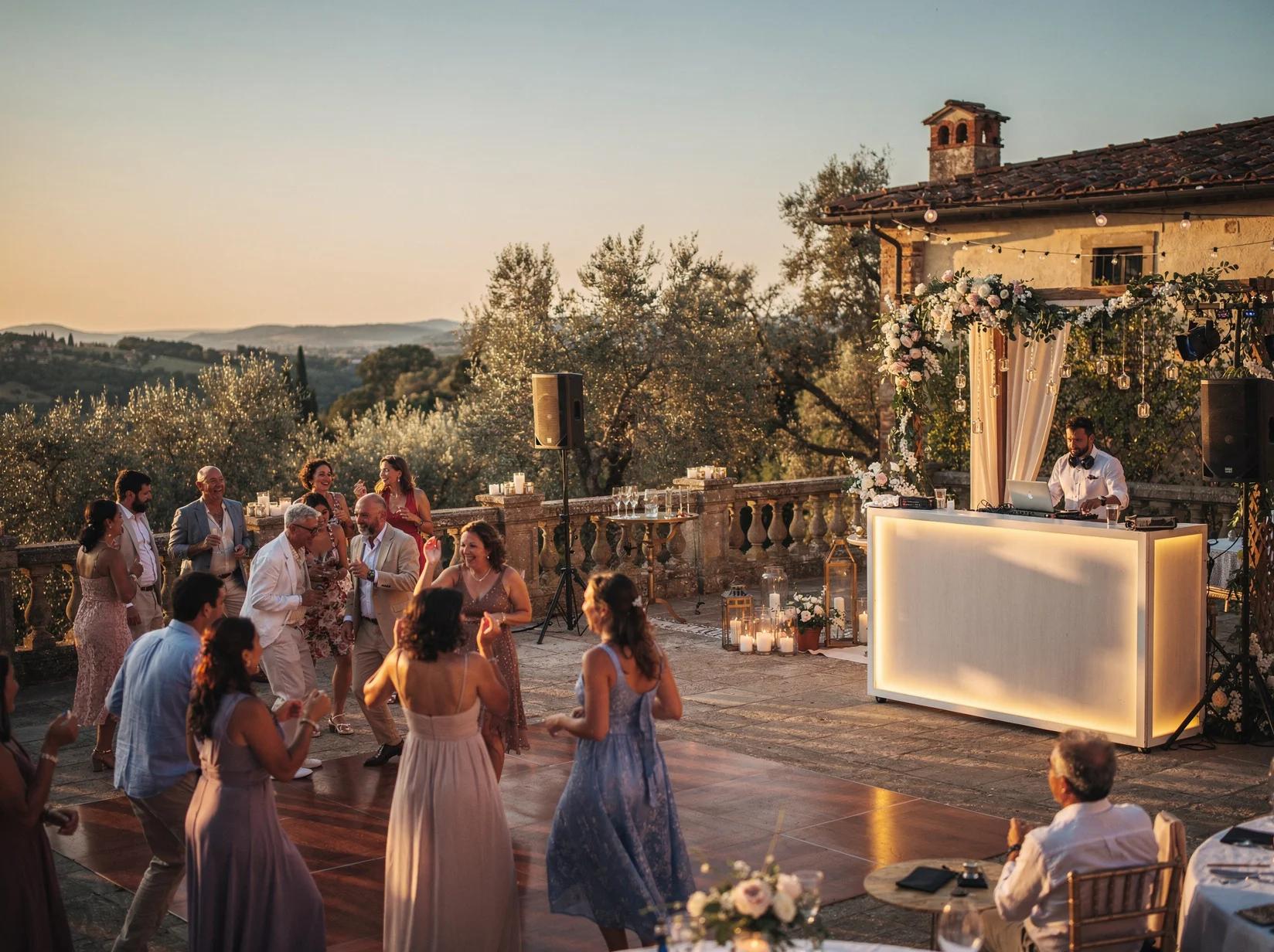 Wedding guests dancing at golden hour on a Tuscan villa terrace while an Italian DJ keeps the party going