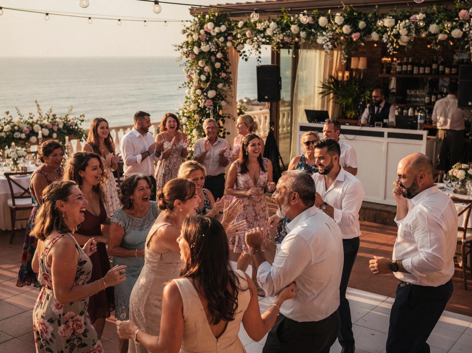 Wedding guests dancing on a coastal terrace at a Spanish destination wedding you can plan with party.dj