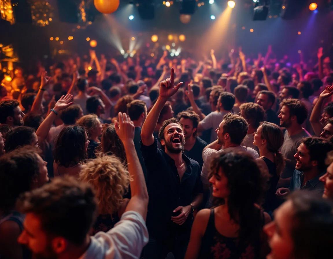 A packed dance floor with guests dancing and laughing together at a lively party, showing what hiring a DJ delivers