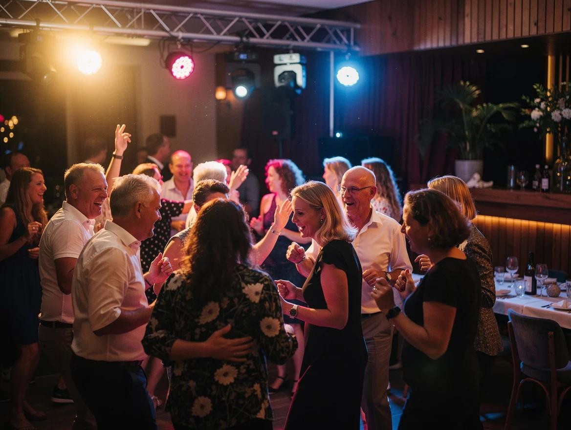 Gasten dansen uitgelaten op een feest met een DJ in Leiden.