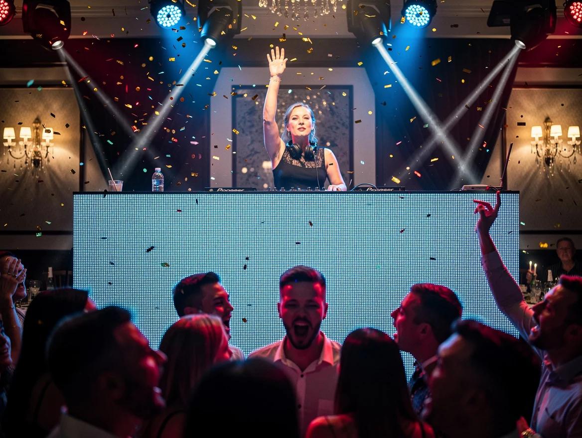 DJ achter zijn draaitafel terwijl het publiek op een oudejaarsfeest aftelt naar middernacht onder confetti