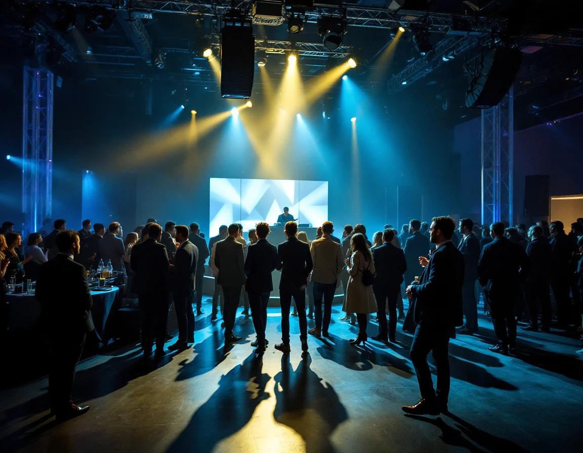 Professional DJ performing at a corporate event with dynamic blue and yellow stage lighting, large display screen, and crowd of business attendees in formal attire.