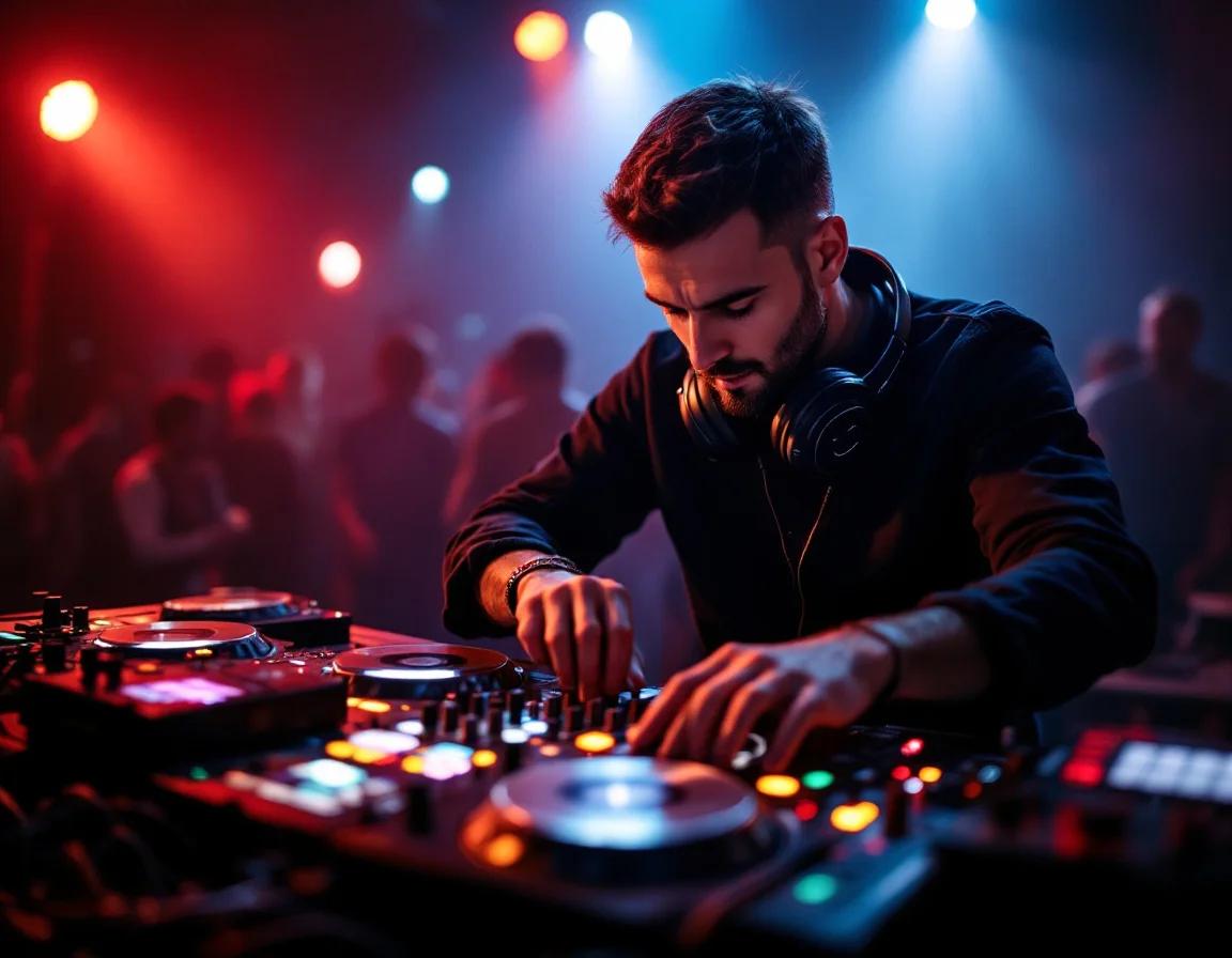 DJ performing at turntables with headphones in front of energetic party crowd under red and blue stage lighting.