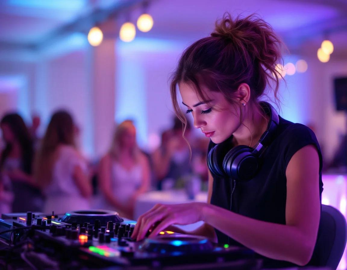 Ervaren DJ met koptelefoon achter de mengpaneel tijdens een live optreden op een feest met dansende gasten en paarse verlichting.