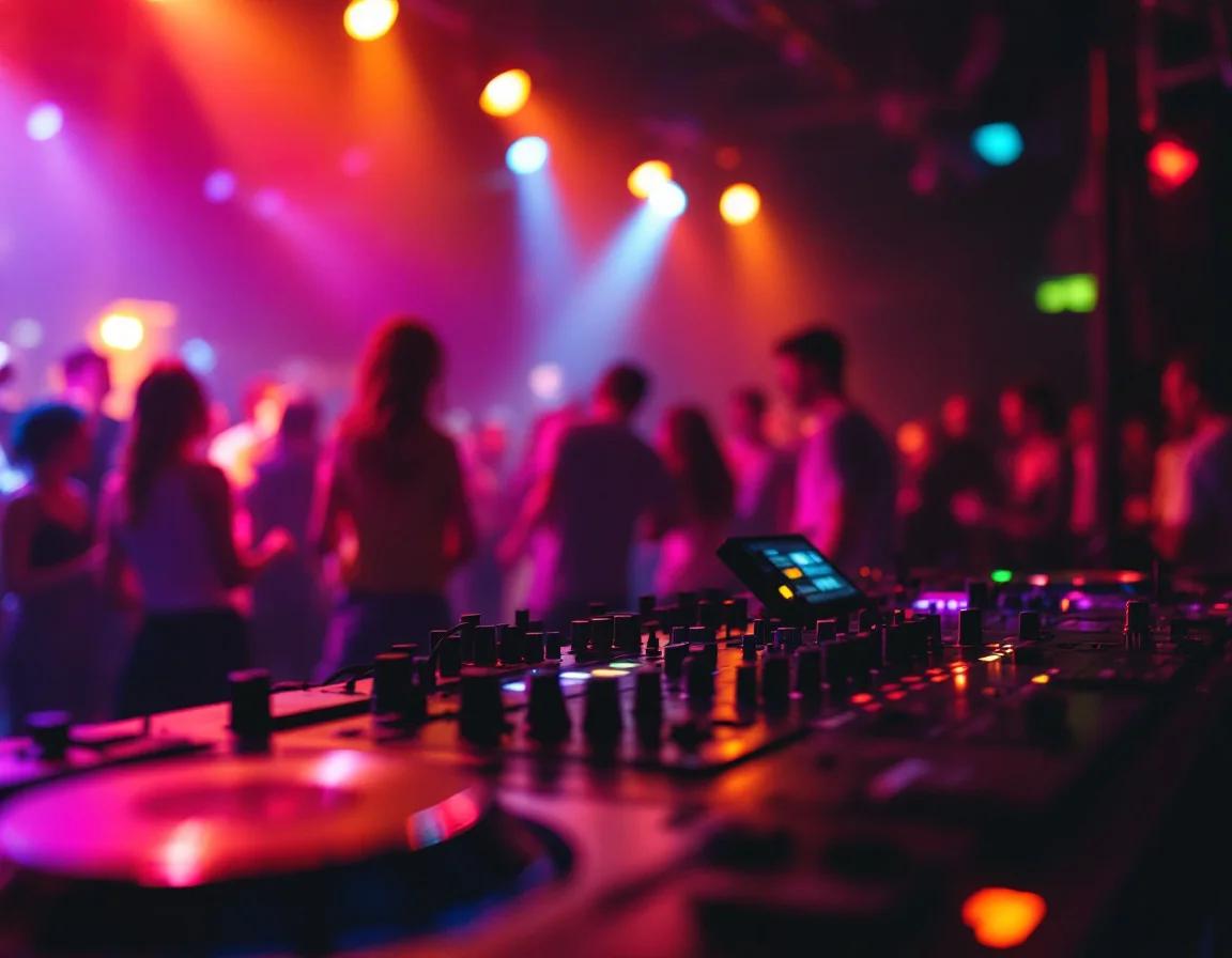 Professionele DJ achter mengpaneel op druk feest met gekleurde verlichting en dansende bezoekers op de dansvloer.