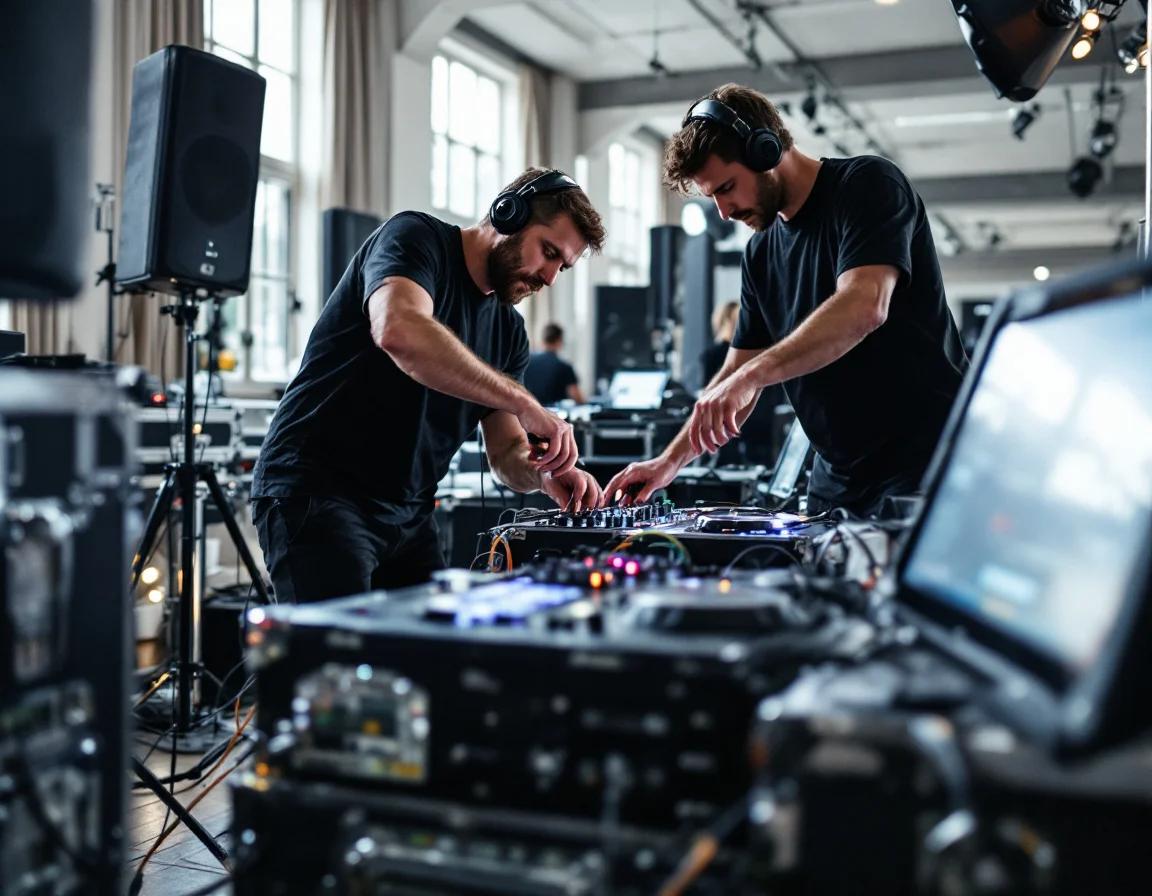 Twee DJ's bedienen professionele mengpanelen en speakers in een moderne studio setup, met laptops en apparatuur voor het uitzenden van feesten.