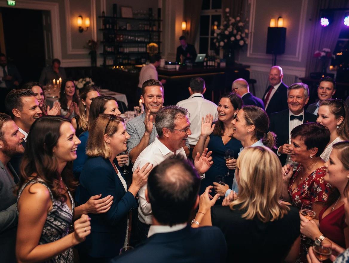 Gasten dansen uitgelaten op een feest met een DJ in Tilburg.