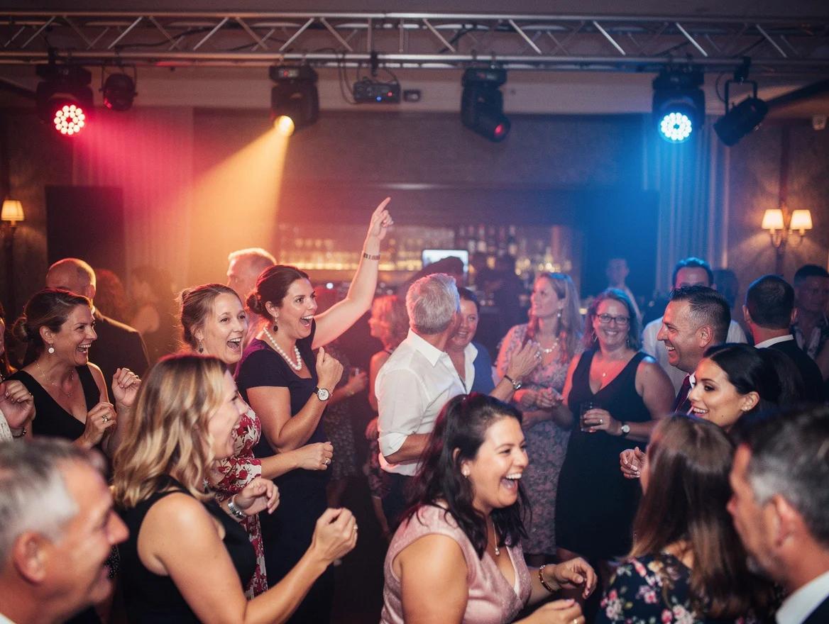 Gasten dansen uitgelaten op een feest met een DJ in Zwolle.