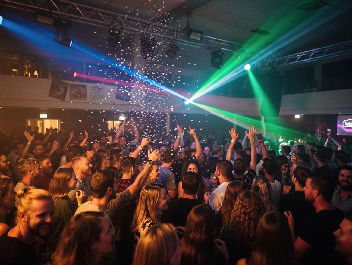 A EDM DJ lights up a packed, dancing party floor.