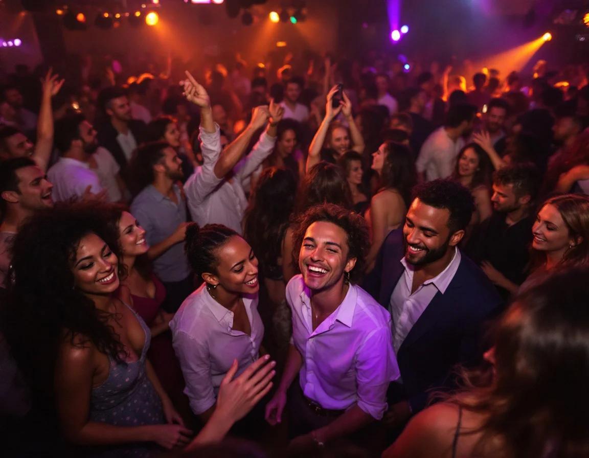 Enthousiast publiek met handen in de lucht voor een draaiende DJ tijdens een groot feest.