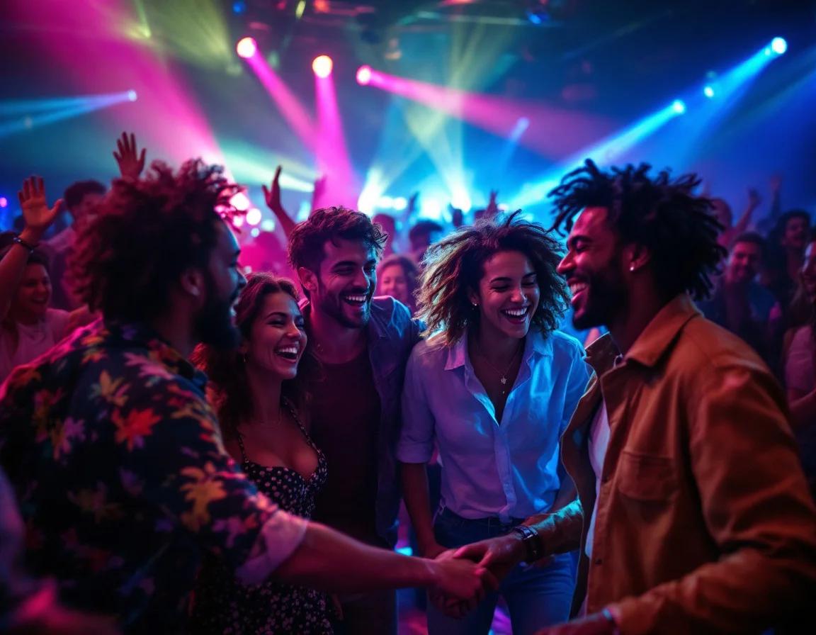 DJ achter draaitafels met kleurrijke feestverlichting terwijl gasten op de dansvloer dansen.