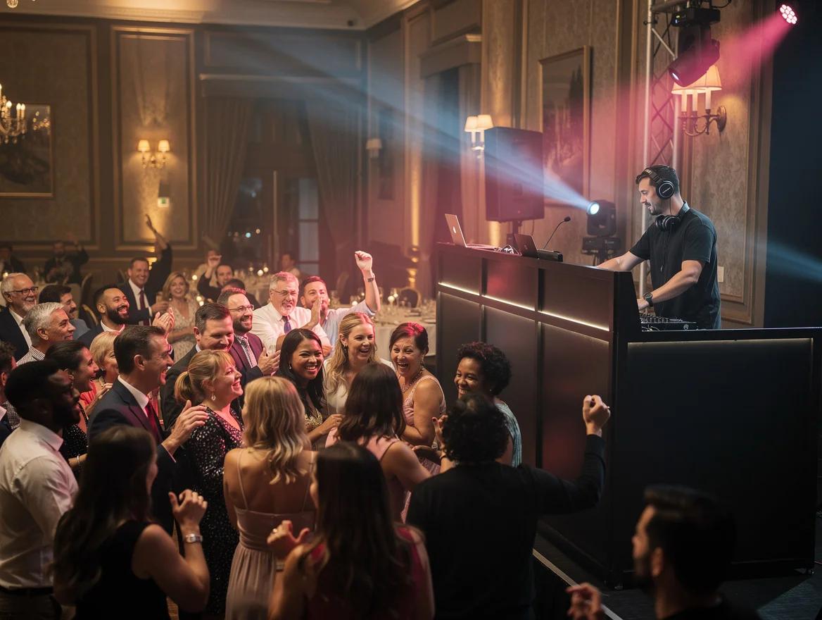 Feestzaal met volle dansvloer, sfeerverlichting en een DJ achter zijn draaitafel