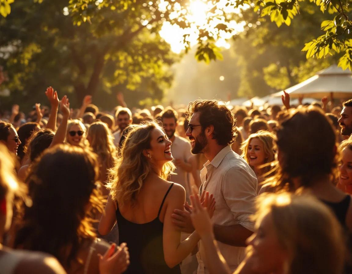 Diverse crowd dancing at a golden-hour garden party in France, showing DJs you can book anywhere nearby