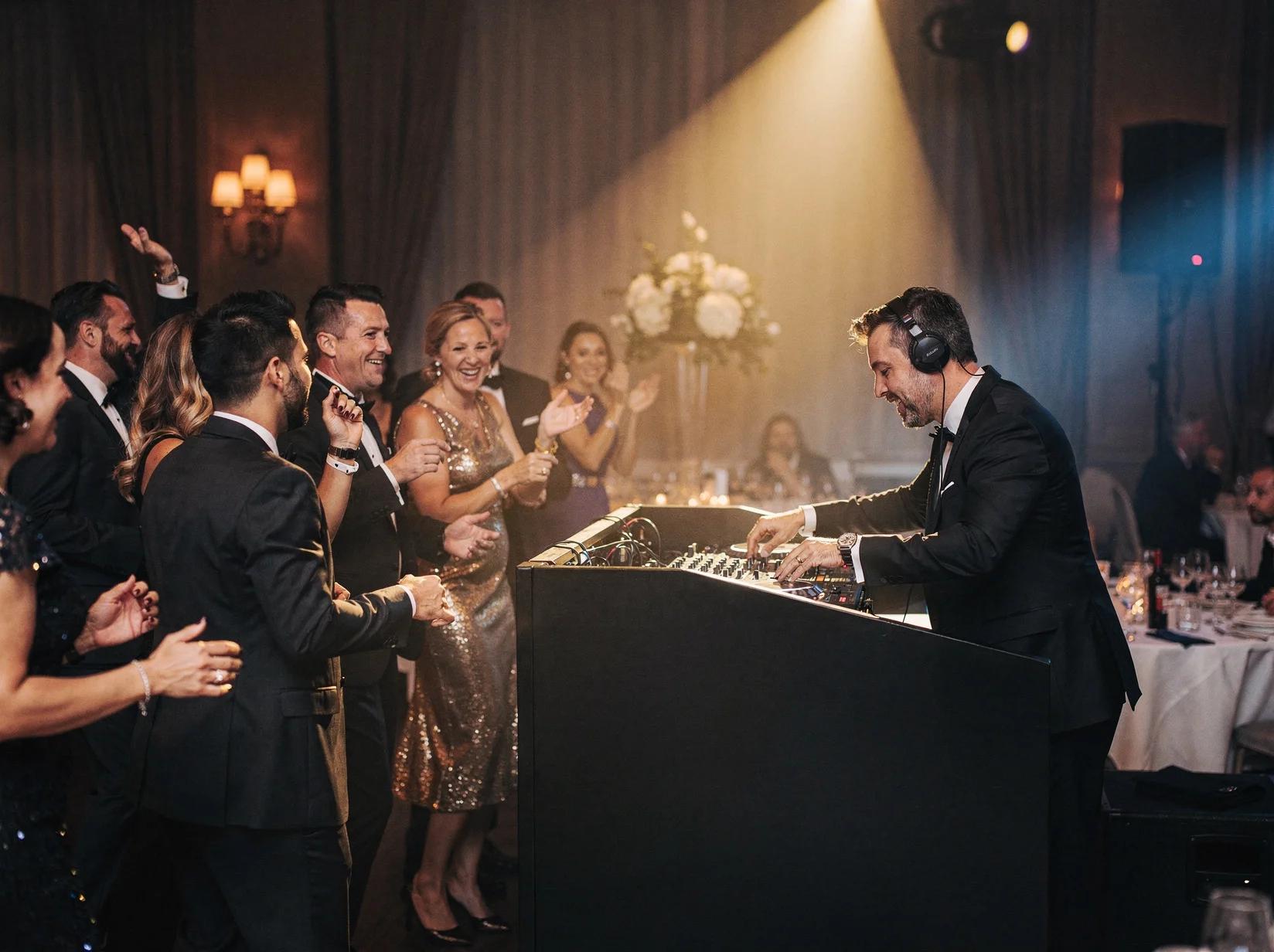 Gala DJ watching the room from a booth during an elegant candlelit dinner