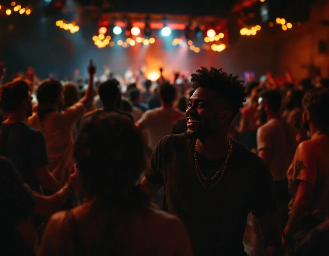 Energetic crowd of party-goers dancing and celebrating at a live hip-hop DJ event with vibrant stage lighting and atmosphere.