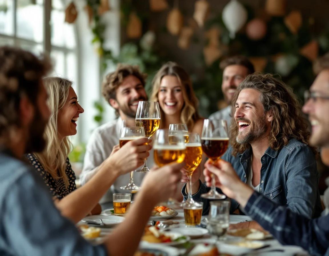 Gezellige groep volwassenen prooost samen met wijnglazen en bier op een feest met bloemen en ballonnen.