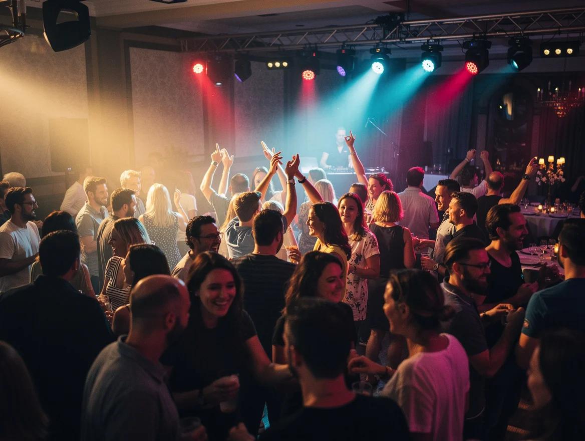 A house DJ lights up a packed, dancing party floor.