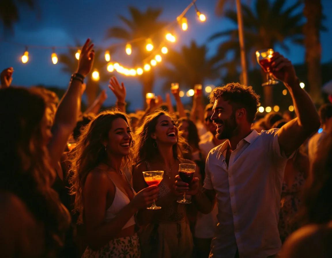 Group of happy guests dancing and celebrating at an outdoor Ibiza-style evening party with glowing string lights and palm trees overhead.