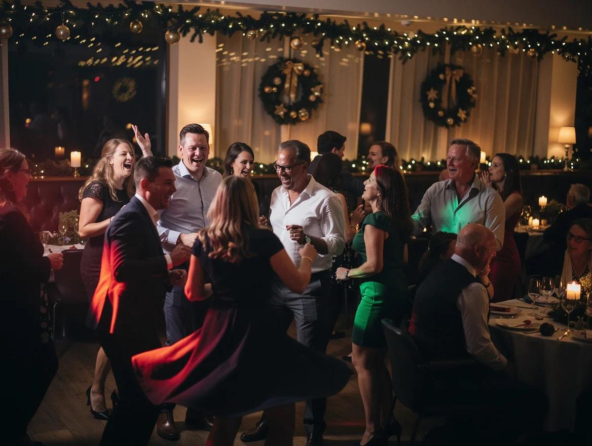 Collega's dansen uitgelaten op meezingers tijdens een kerstborrel met sfeervolle warme feestverlichting en kerstversiering.